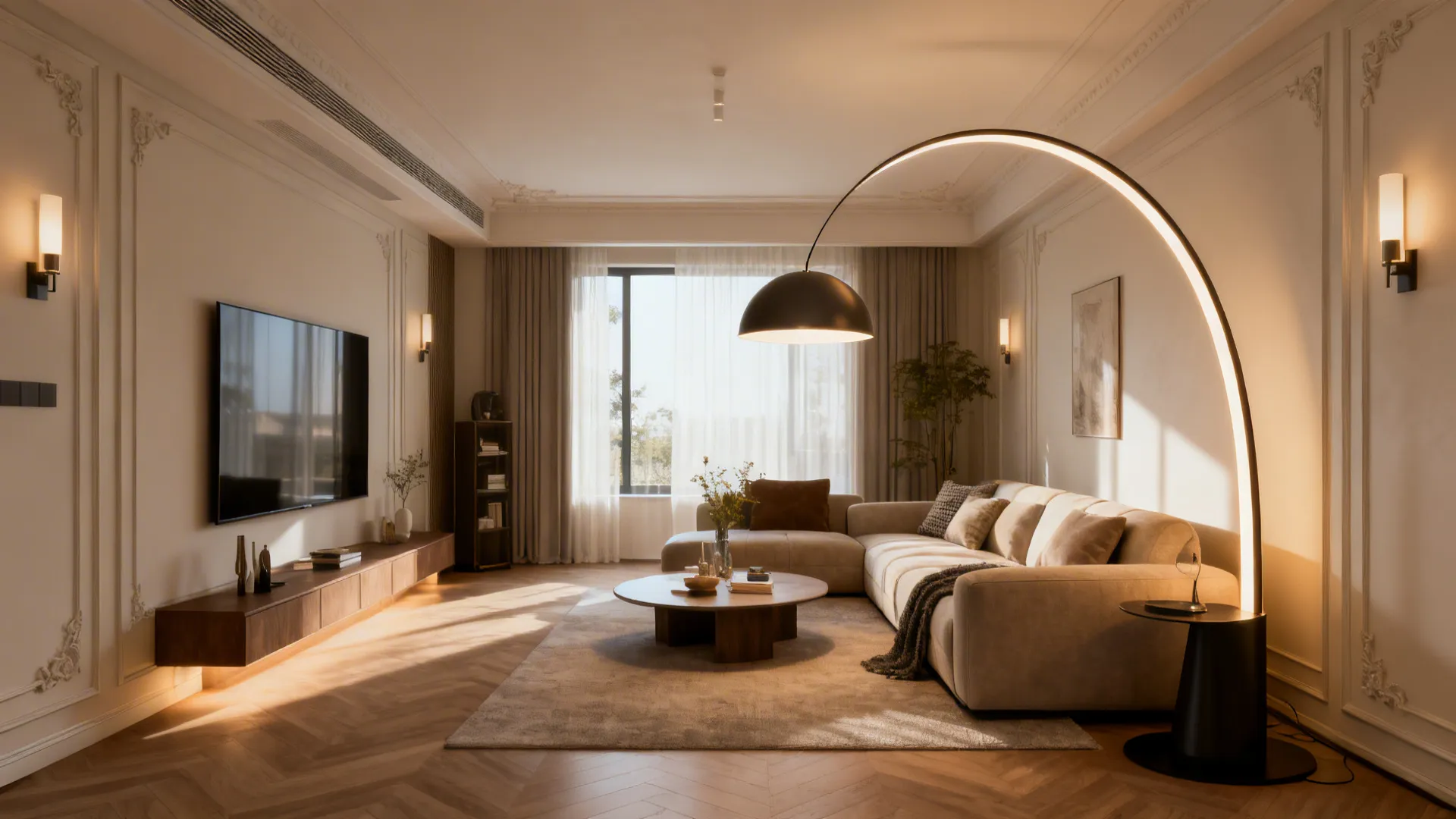 Compact living room with a large arc floor lamp serving as sculptural lighting and task light.