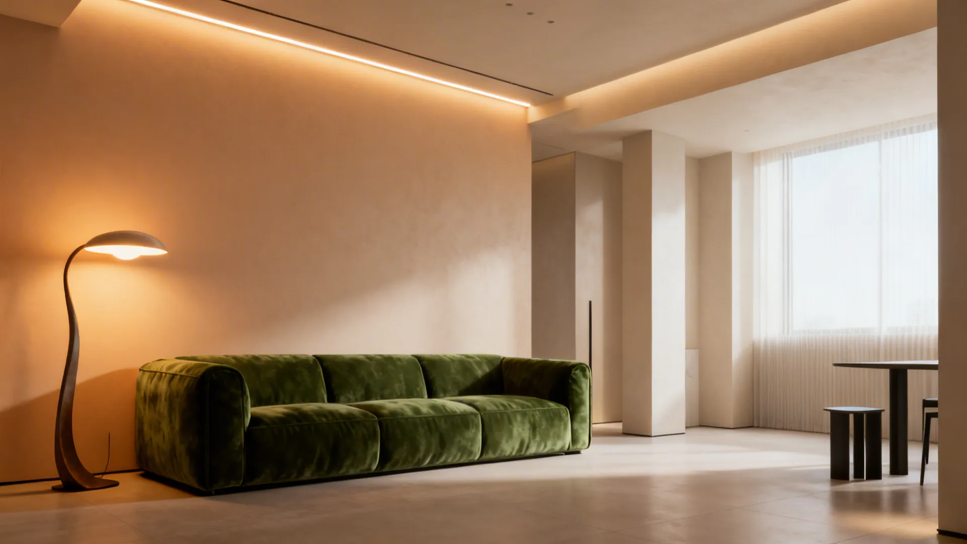 Green velvet sofa in front of light warm walls with a sculptural floor lamp casting warm light