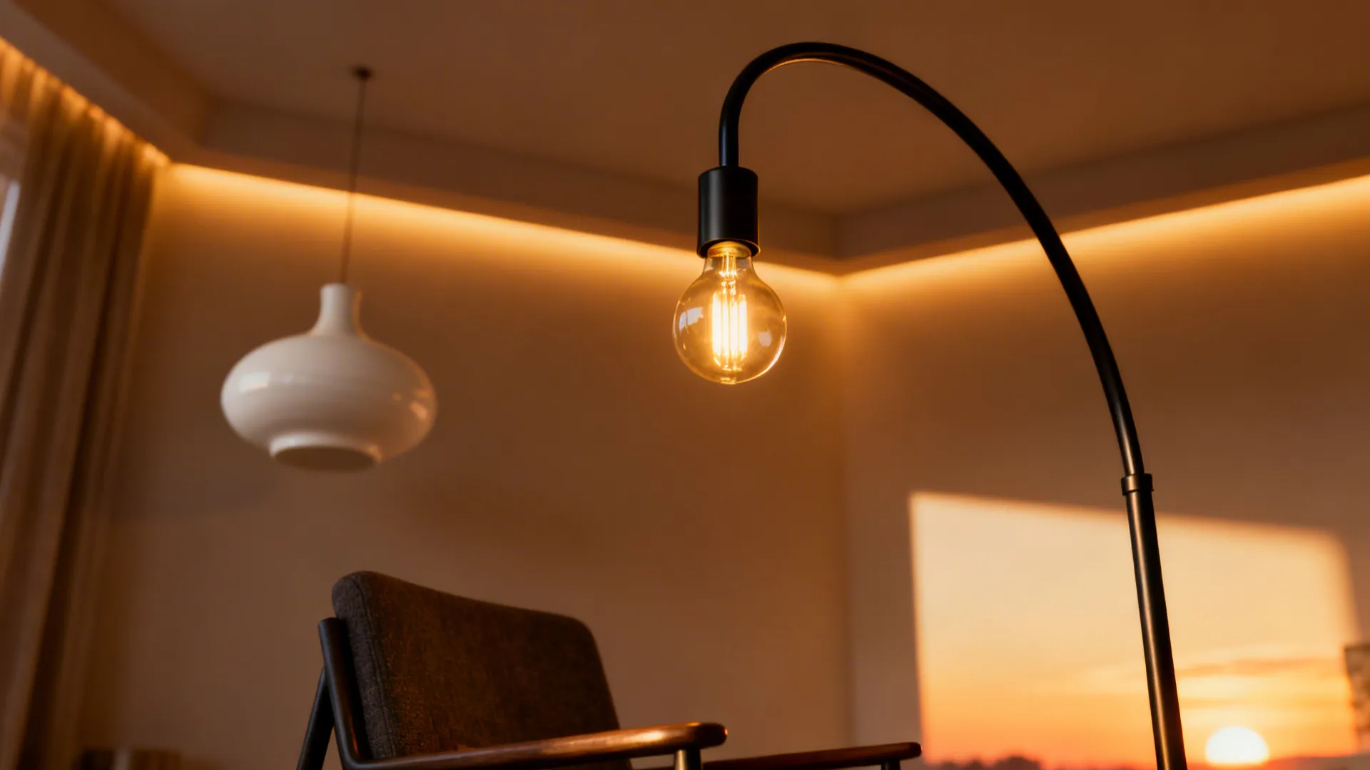 Close-up of a sculptural black metal floor lamp casting warm light beside a reading chair.