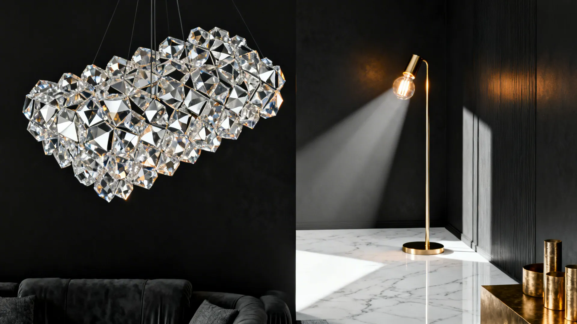 Sculptural oversized pendant and brass floor lamp as focal art pieces in a monochrome living room