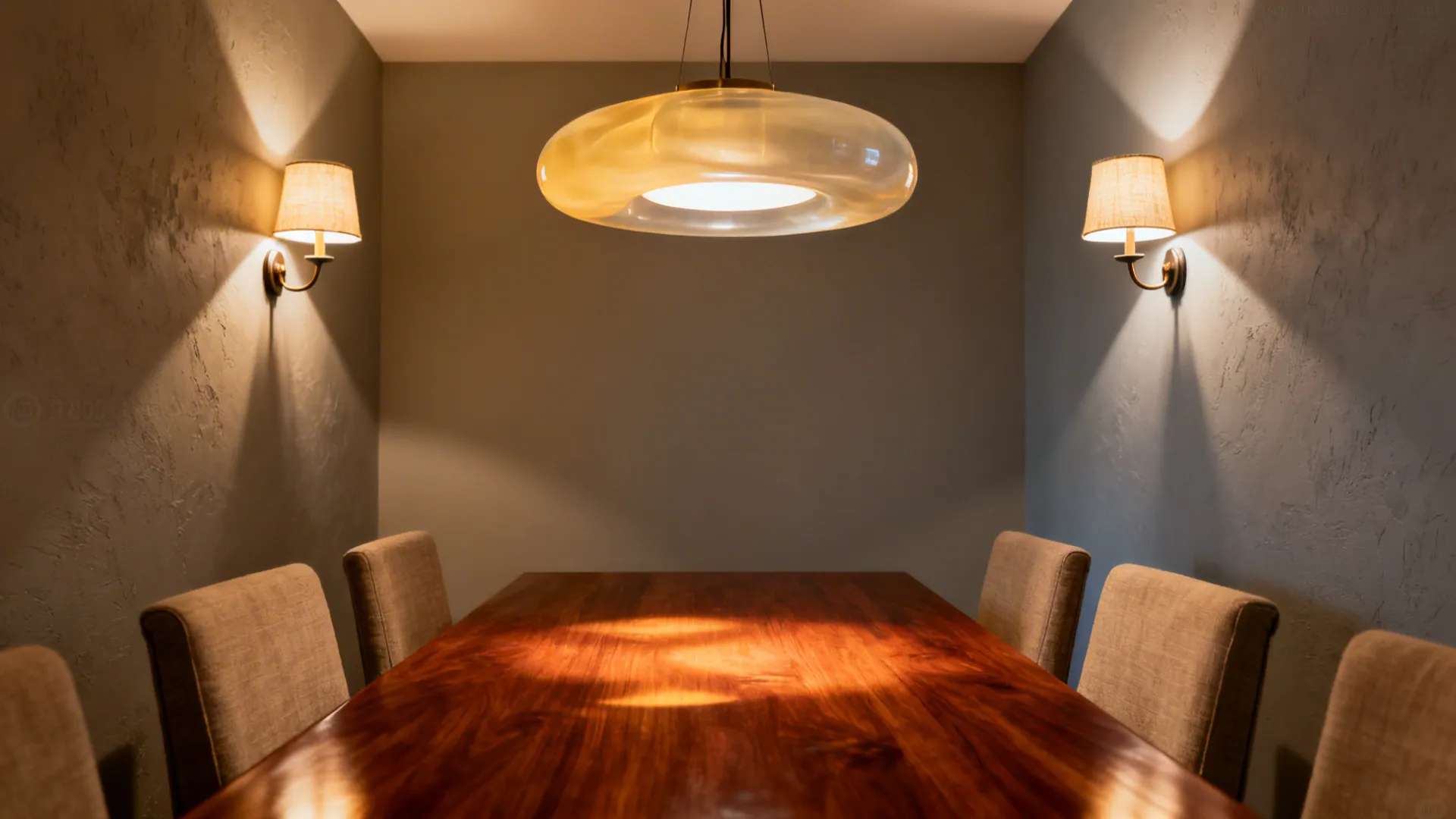 Sculptural pendant and wall sconces illuminate a cherry dining table with a warm glow.