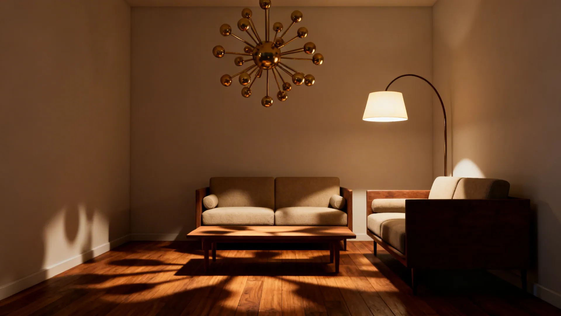 Mid-century living room centered on a brass sputnik chandelier and an arc floor lamp.