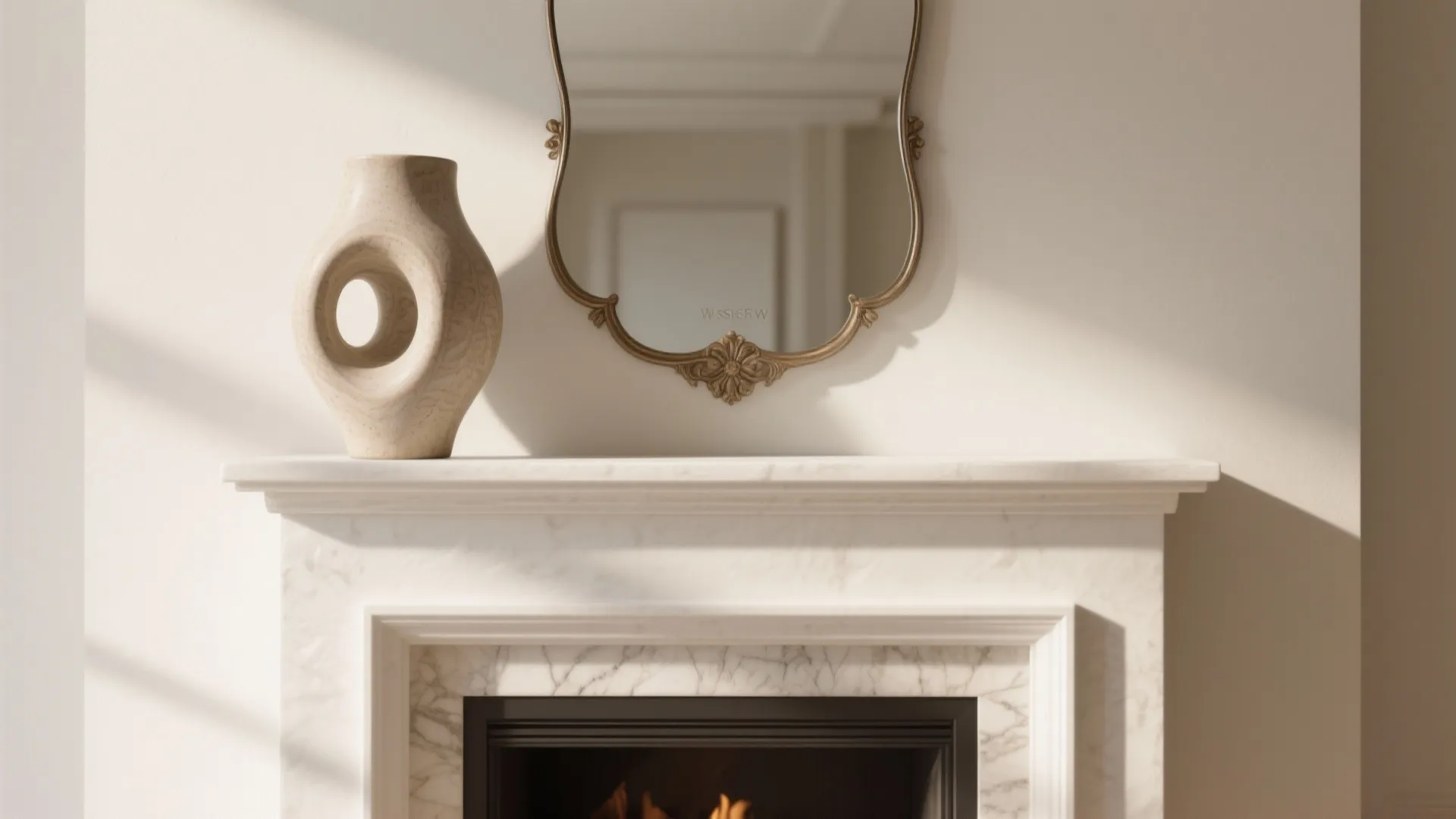 White mantel styled with one oversized sculptural piece and a vintage mirror.