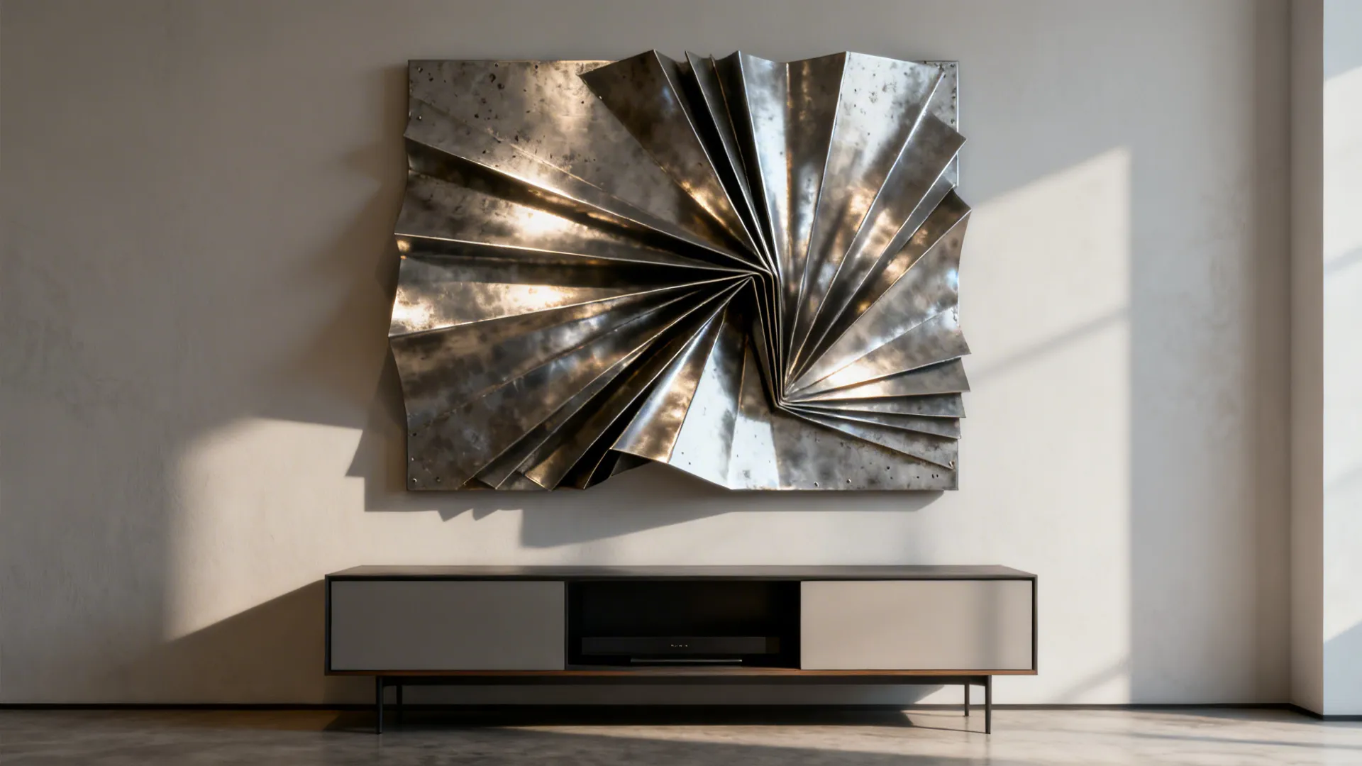 Large silver metal wall art hanging above a modern grey and black storage TV cabinet