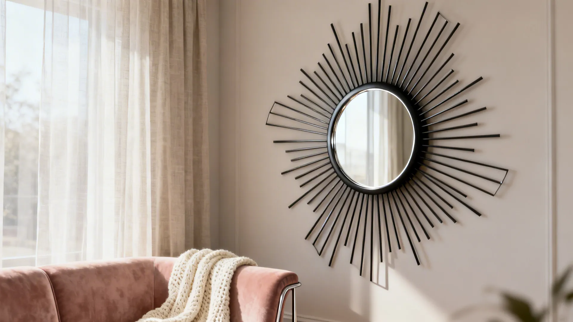 Asymmetrical sunburst metal mirror reflecting light in a small living room