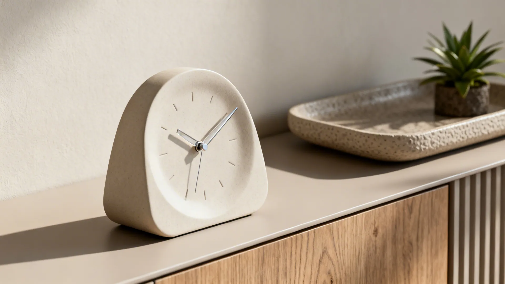 Sculptural minimalist table clock on a slim console with a textured tray and plant.