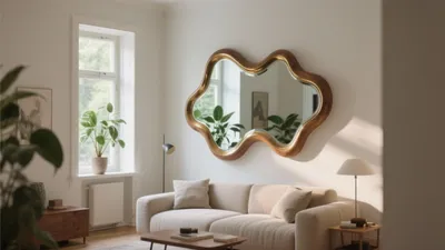 Scandinavian Living Room with Organic Mirror & Natural Light