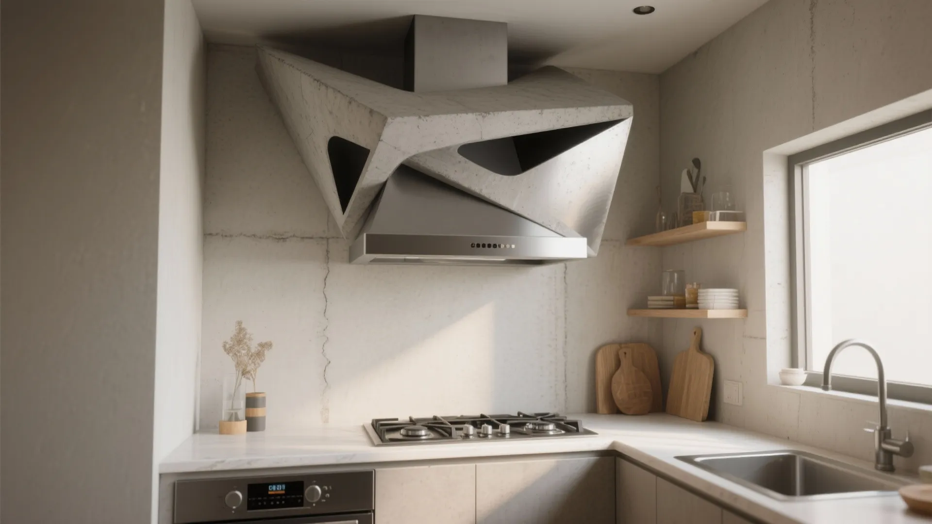 Modern kitchen with concrete wall artistic range hood white marble countertop gas stove and wooden shelves
