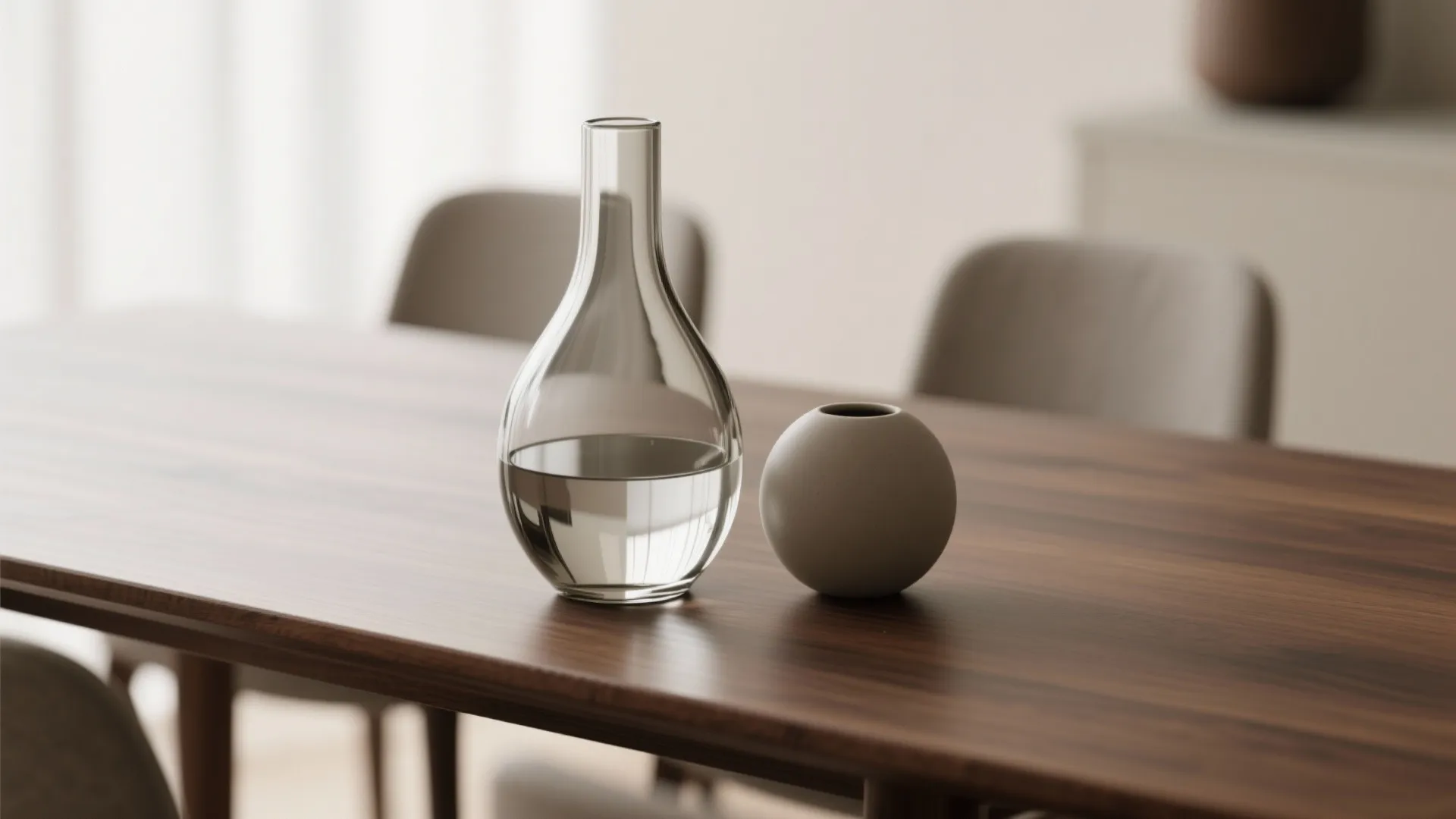 Close-up of a sculptural blown-glass vase and matte ceramic orb on a narrow dining table.