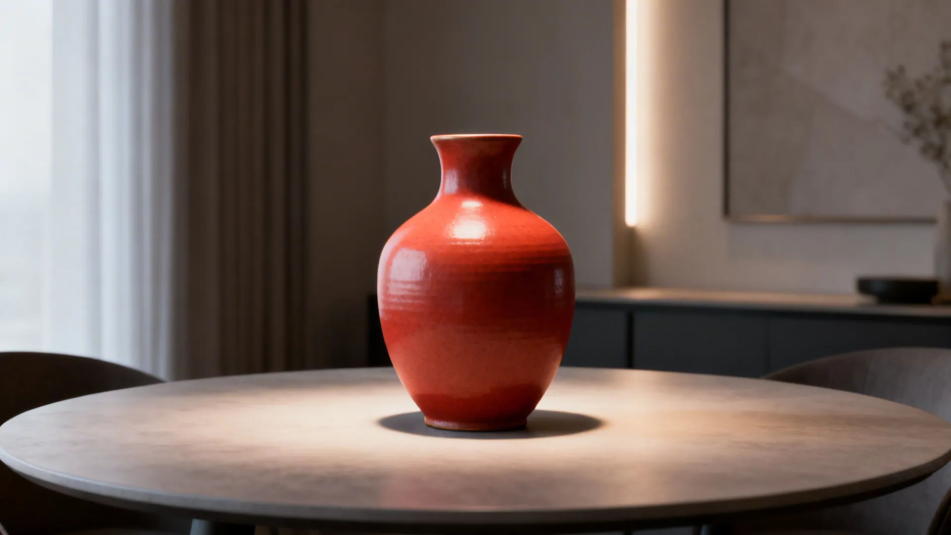 Minimalist sculptural ceramic vase centered on a round table, proportionally balanced to the table size.