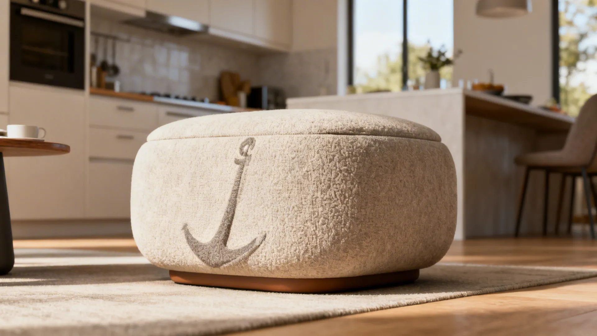 Textured sculptural ottoman used as seating or side table in a compact kitchen-living area