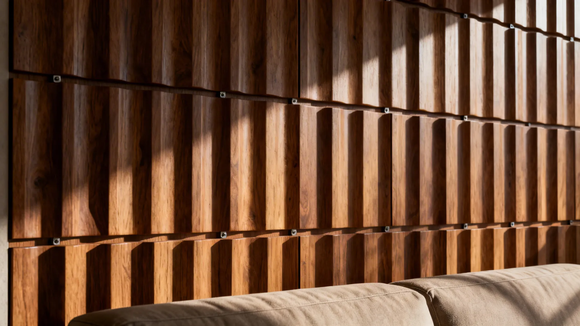 Corrugated wooden sculptural wall panels behind a sofa creating shadow and depth.