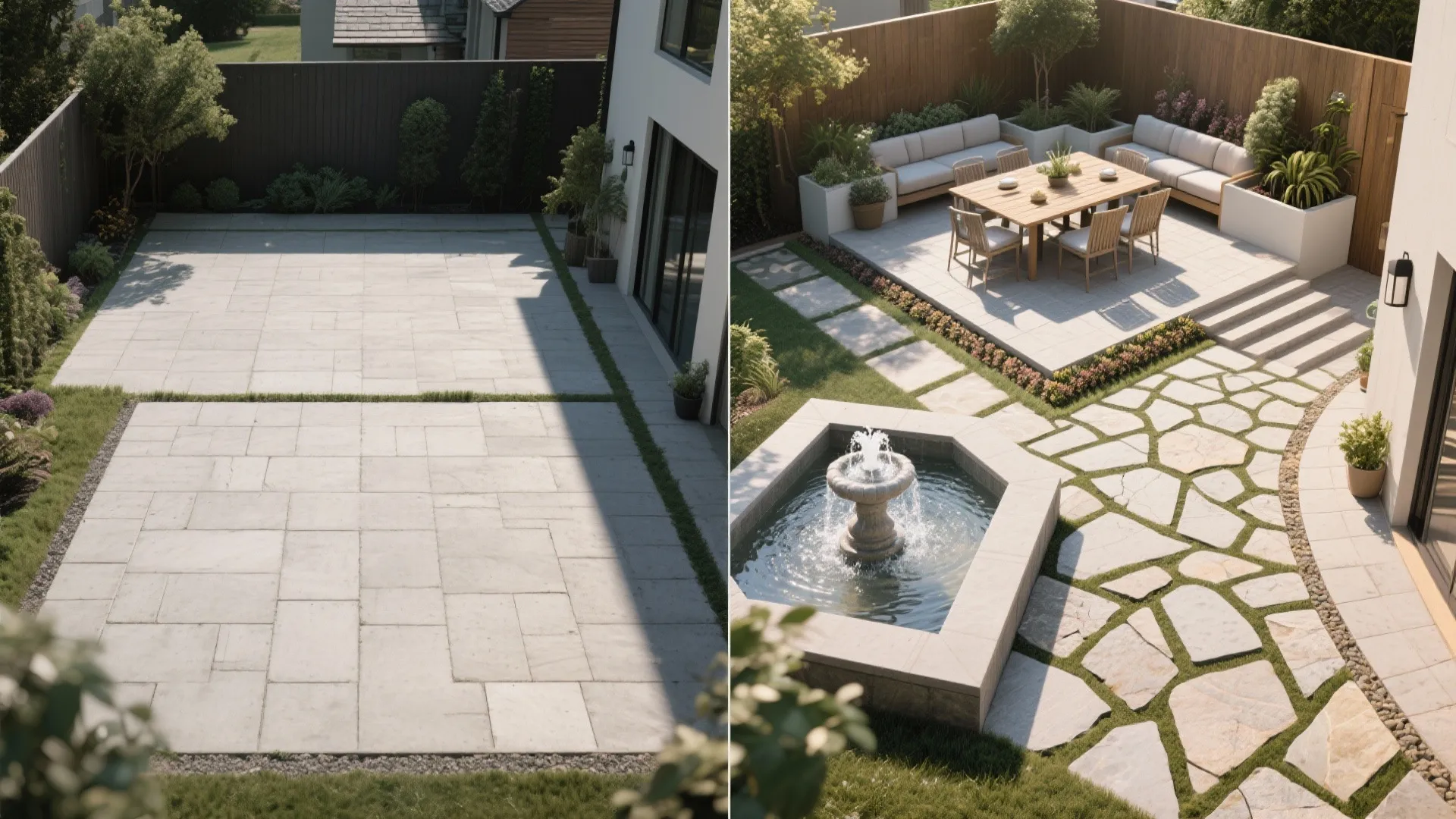 Before and after comparison of empty paved backyard transformed into garden with fountain and outdoor furniture
