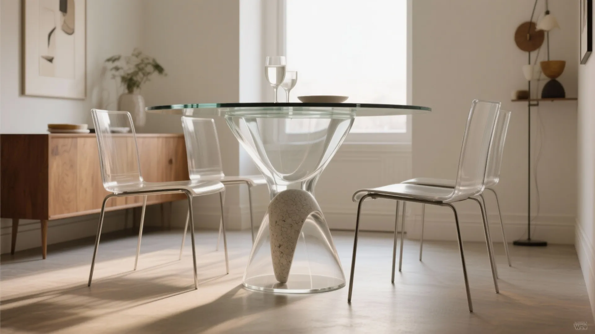 Unique round glass table with sculptural base paired with transparent chairs in a bright room