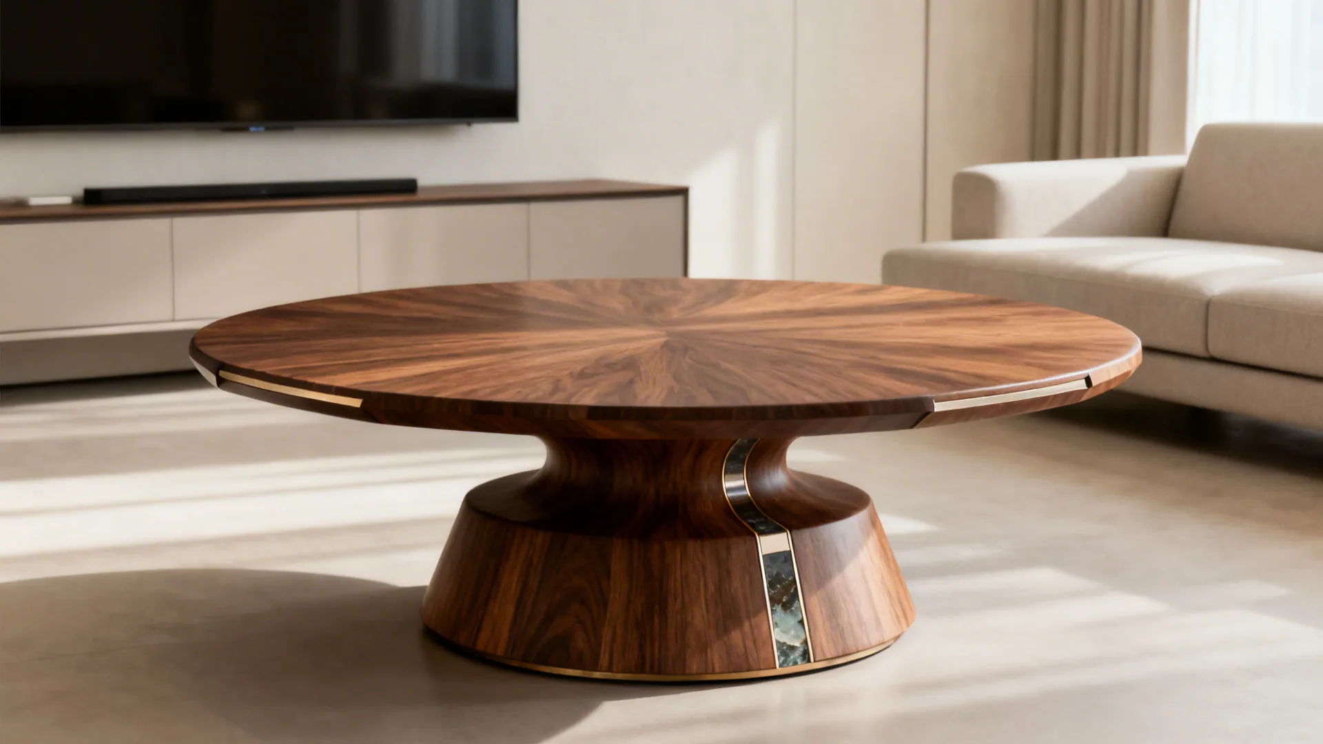 Walnut pedestal round coffee table with a chamfered edge anchoring a modern living room.
