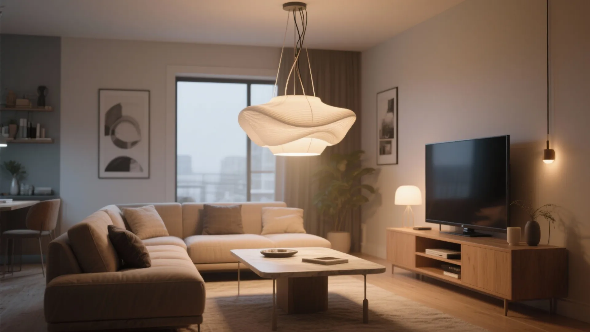 Modern living room with a large white ceiling light over a sofa and wooden cabinet