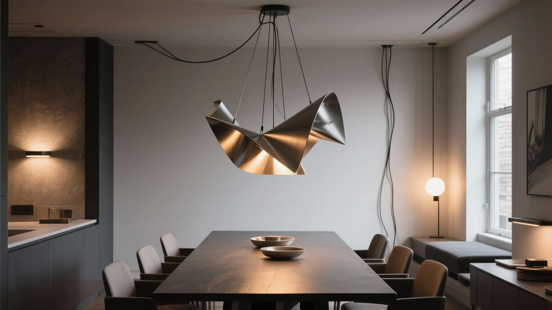 5) Statement sculptural pendants with layered dimming