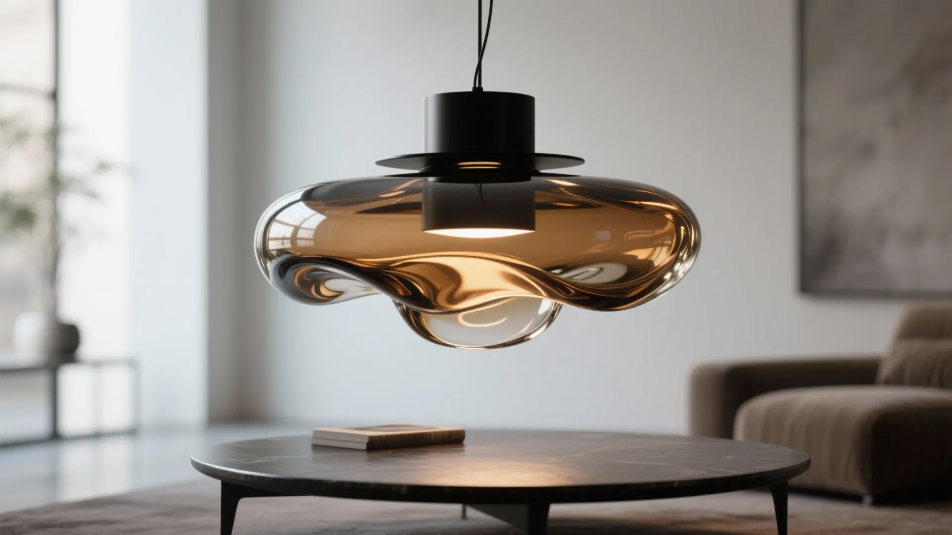 Modern glass ceiling light hanging over a round coffee table in a minimalist living room