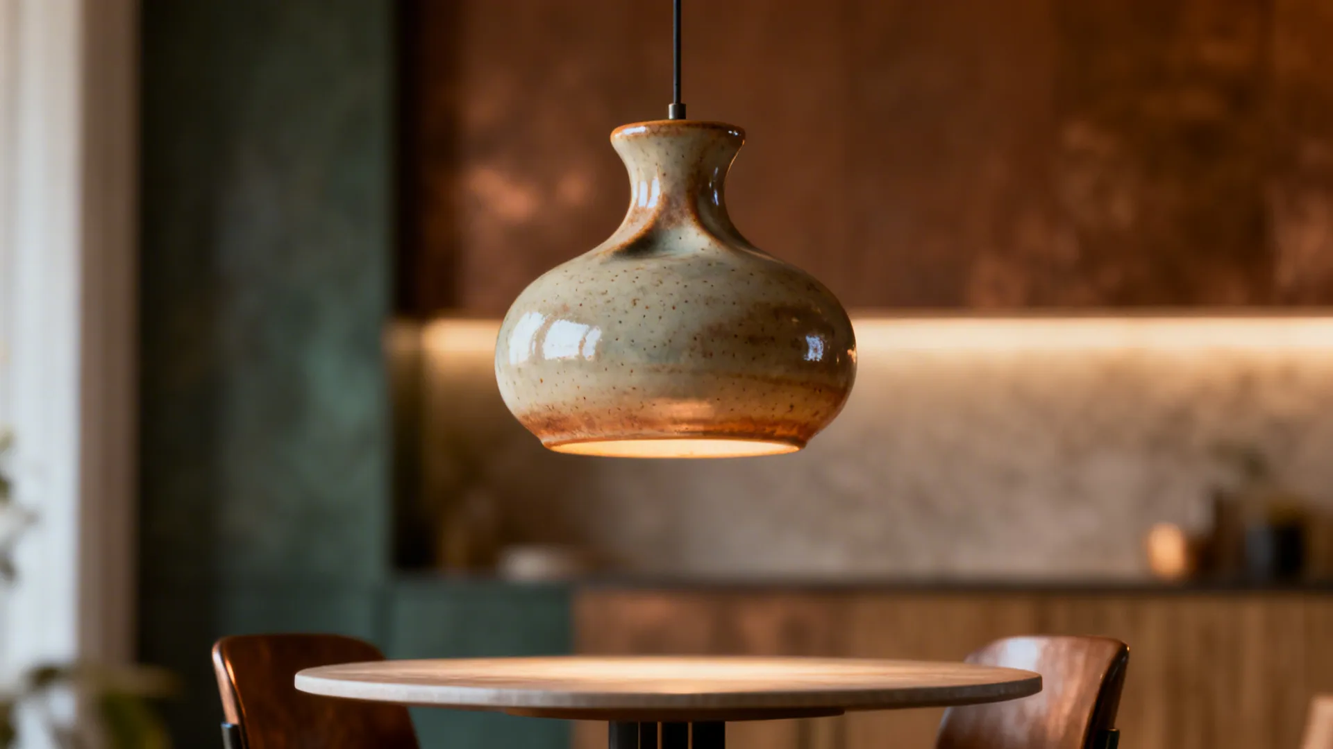 Close-up of a handcrafted ceramic sculptural pendant with warm matte glaze above a dining table