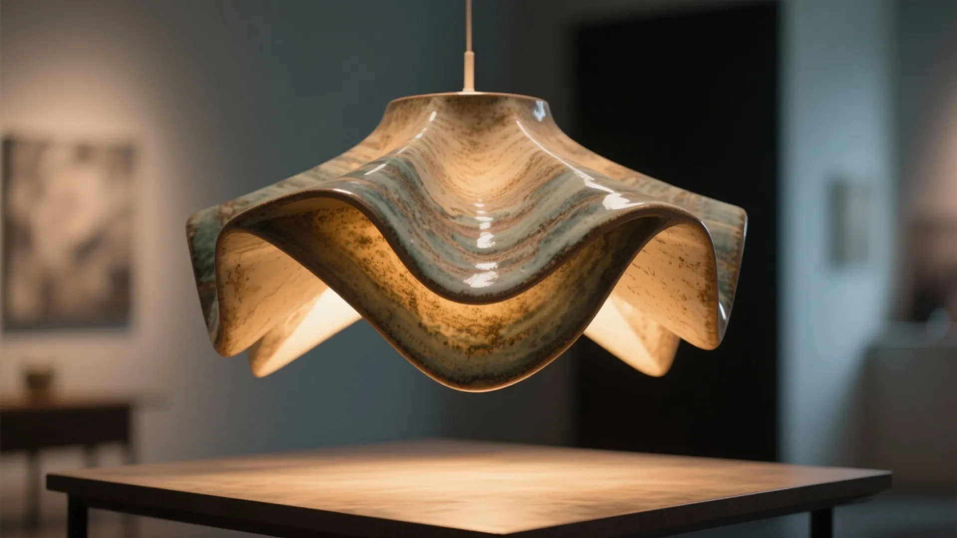 Wavy ceramic ceiling light hanging over a wooden table in a dimly lit modern room