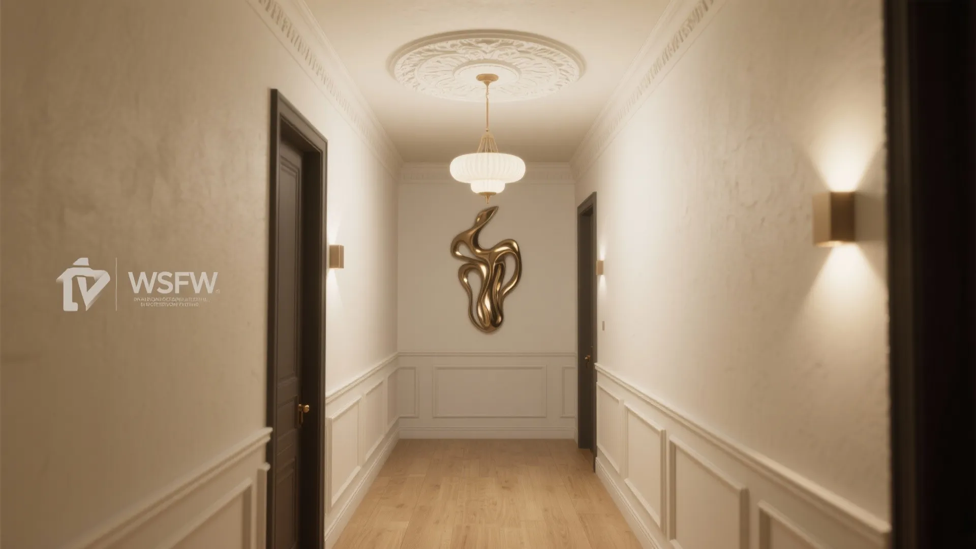 Elegant white hallway with wall panel design featuring a ceiling light and golden wall lights