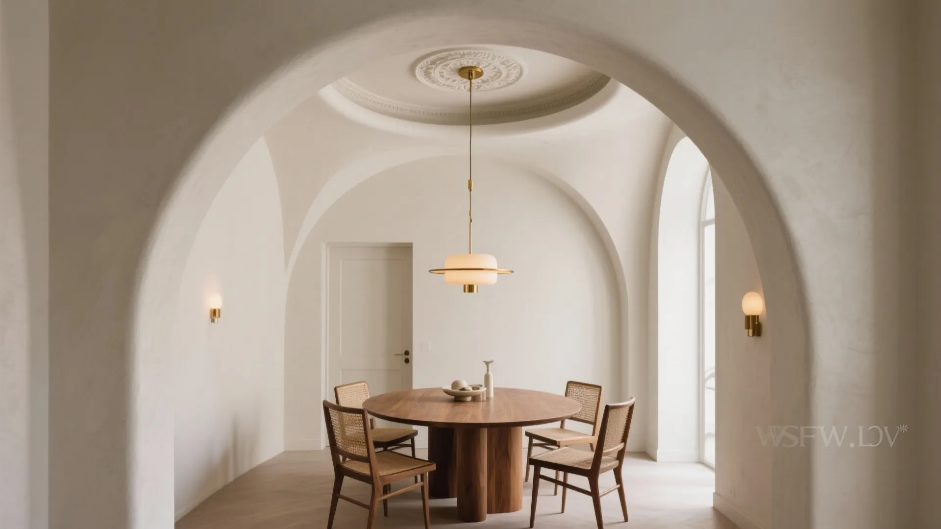 Sculptural POP arch entry and a slim ceiling medallion above the dining table with a chandelier, creating subtle drama.