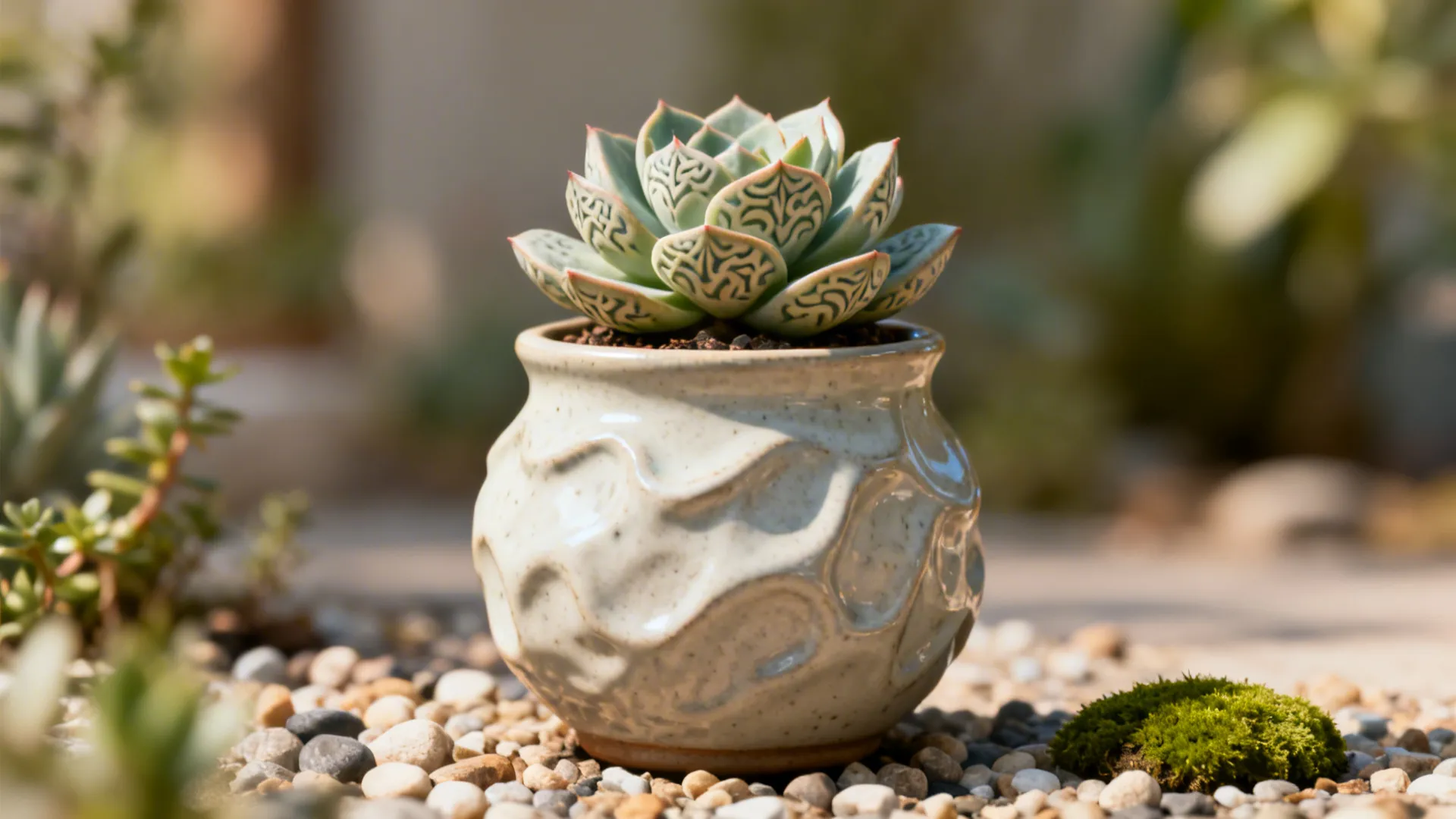 Sculptural ceramic pot with succulent used as a focal point in a small yard.