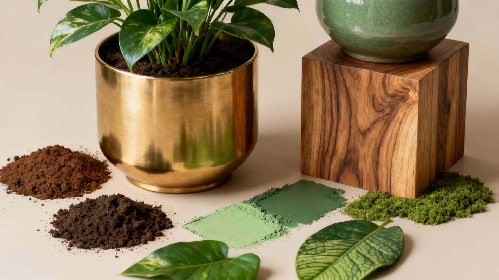 Flatlay of sculptural pots and stands to style artificial plants.