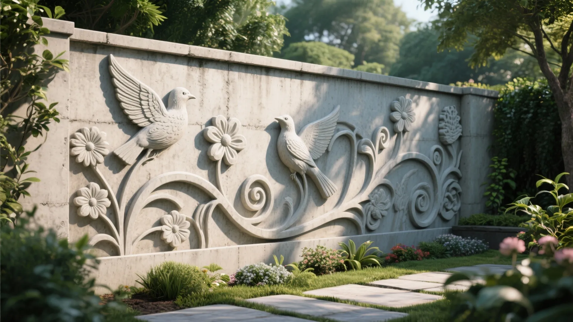 Decorative concrete garden wall featuring carved birds and flowers with small green plants and path