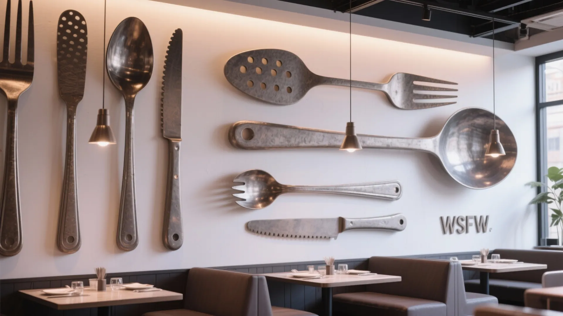 Restaurant wall decor with large metal spoons and forks above brown booths and wooden tables