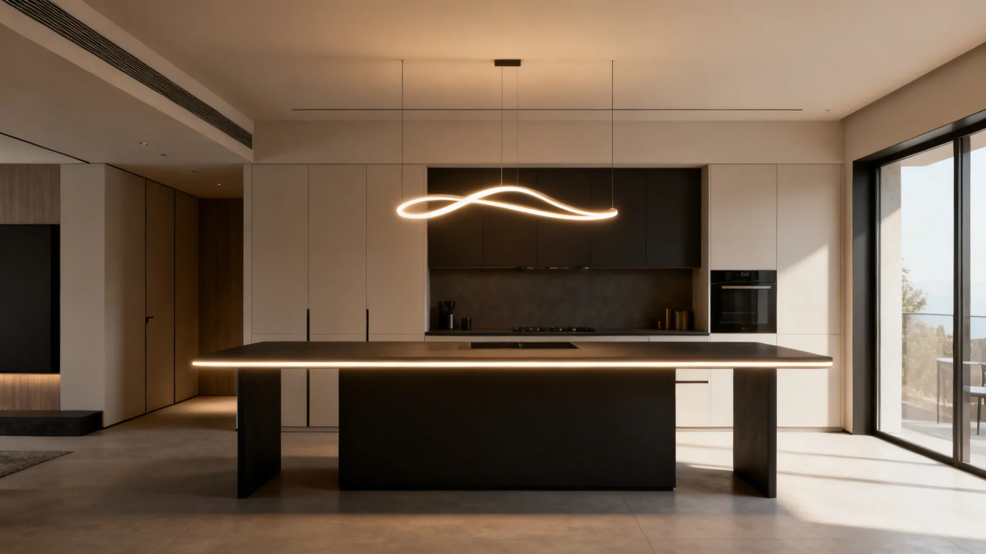 Modern dark kitchen island with integrated light strip and a sculptural ribbon ceiling light fixture