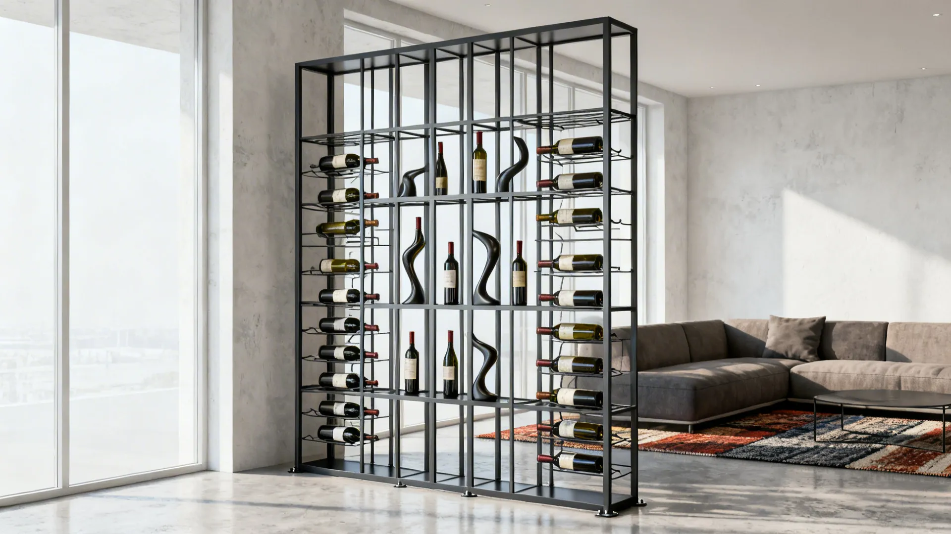 Freestanding powder-coated steel wine rack used as a room divider in a loft