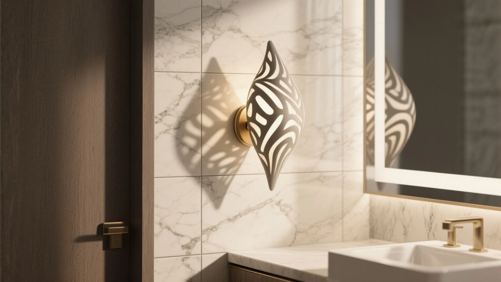 Sculptural decorative sconce mounted on marble tile casting patterned shadows