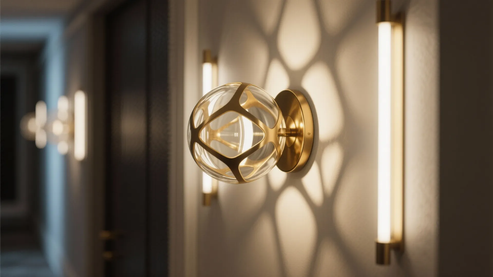 Modern gold wall light with a glass globe casting decorative shadows on a white interior wall