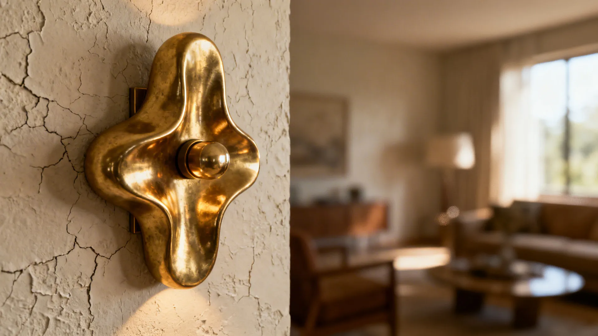 Close-up of a sculptural brass sconce adding personality to a living room corner