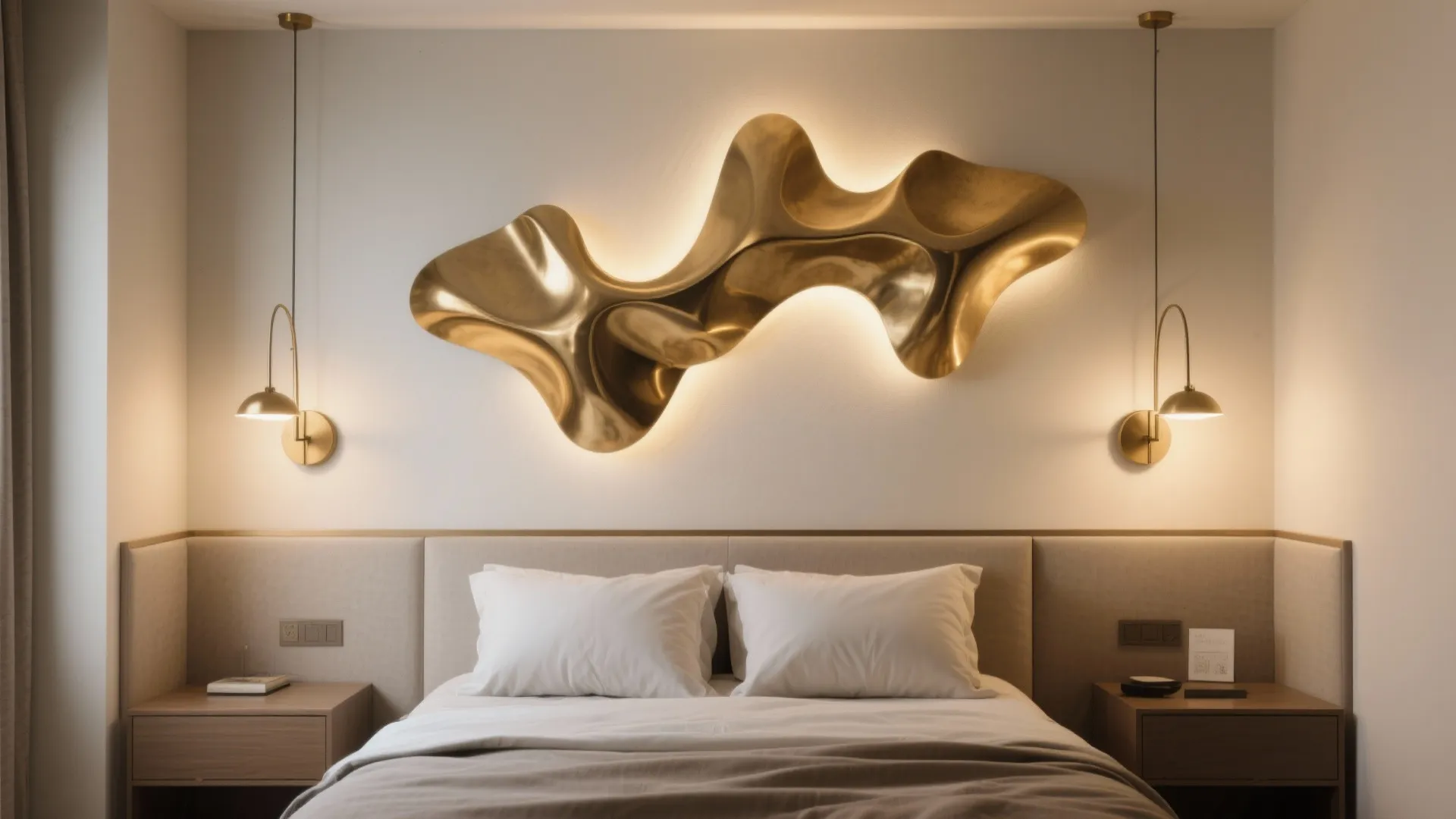 Asymmetrical brass sculptural sconces above a headboard providing indirect light.