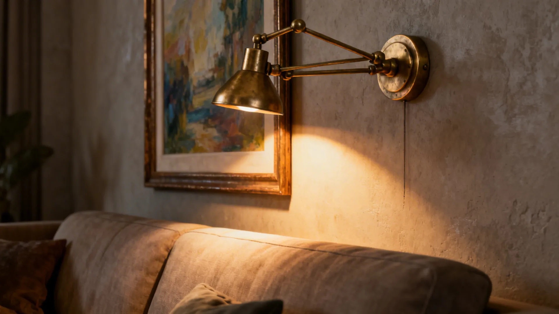 Adjustable sculptural wall sconce in aged brass casting warm light on artwork.