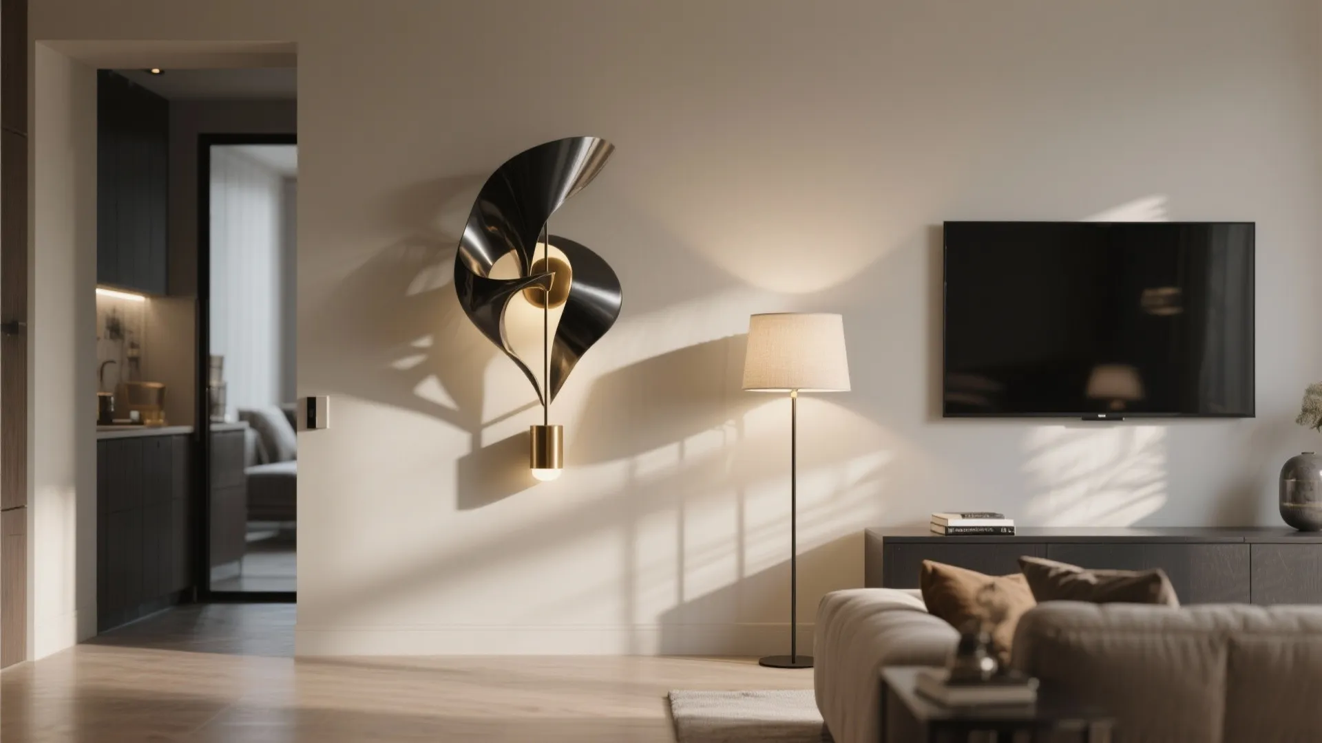 A sculptural folded-metal sconce becomes a focal point in a modern living room.