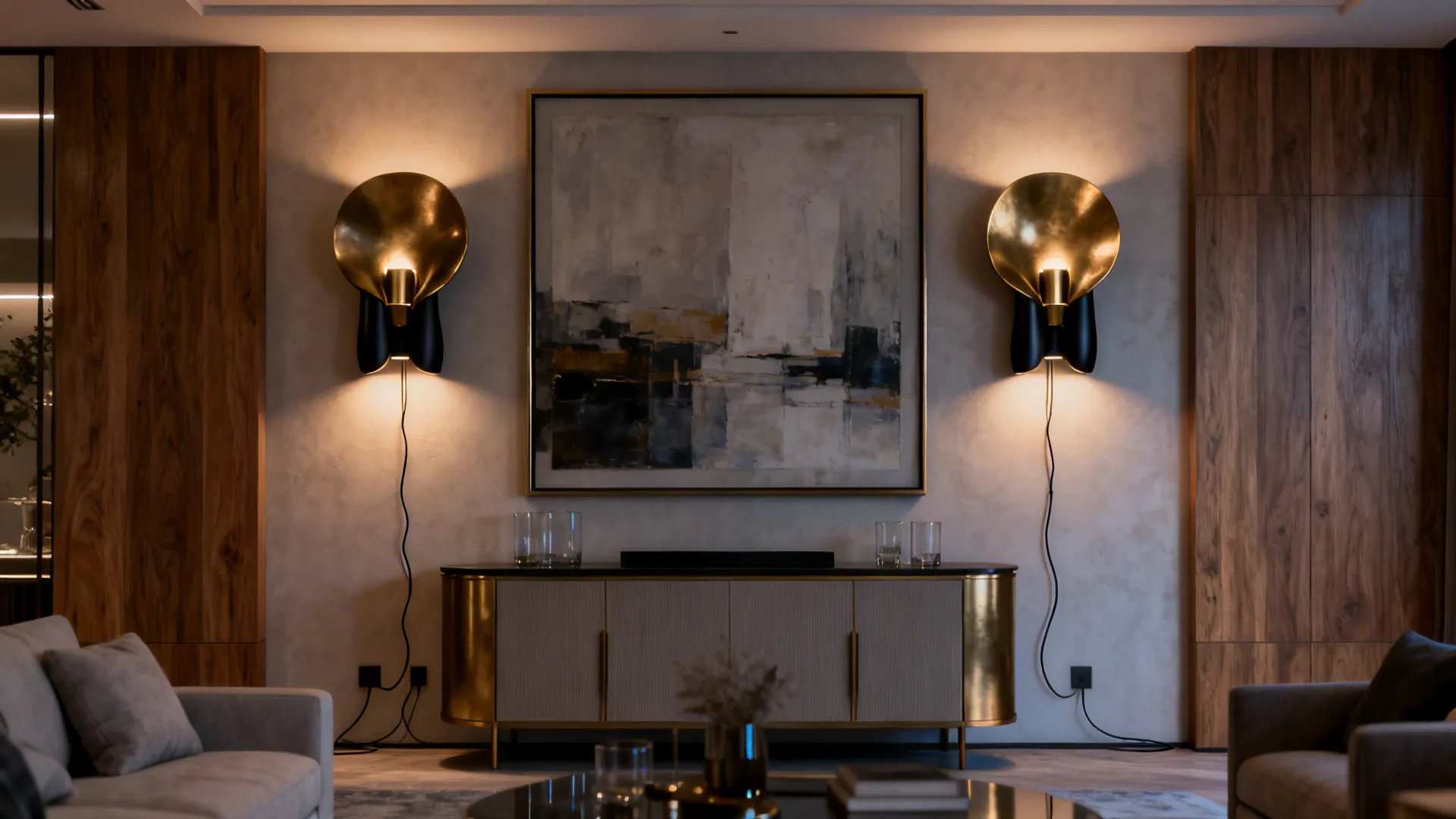 Oversized wall sconces flank a large artwork, adding warm layered light.