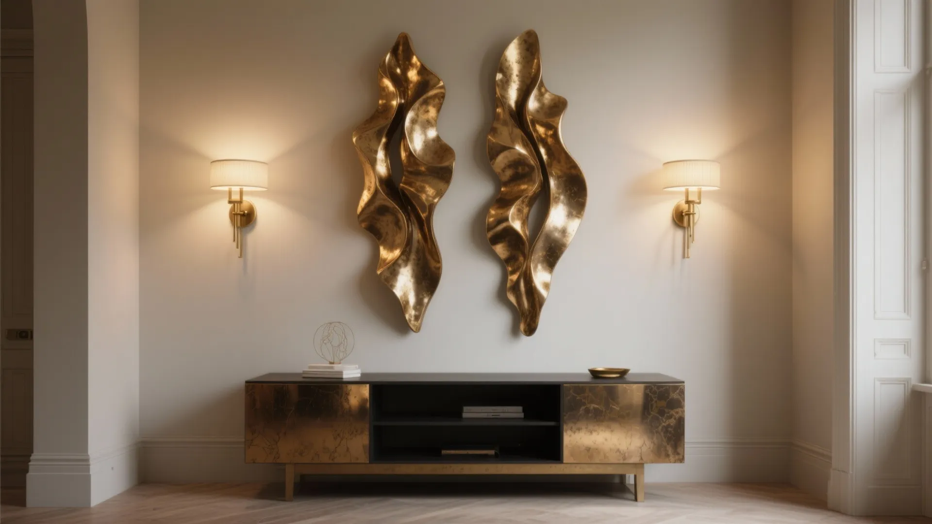 Two sculptural brass wall sconces above a media console serving as artful focal points.