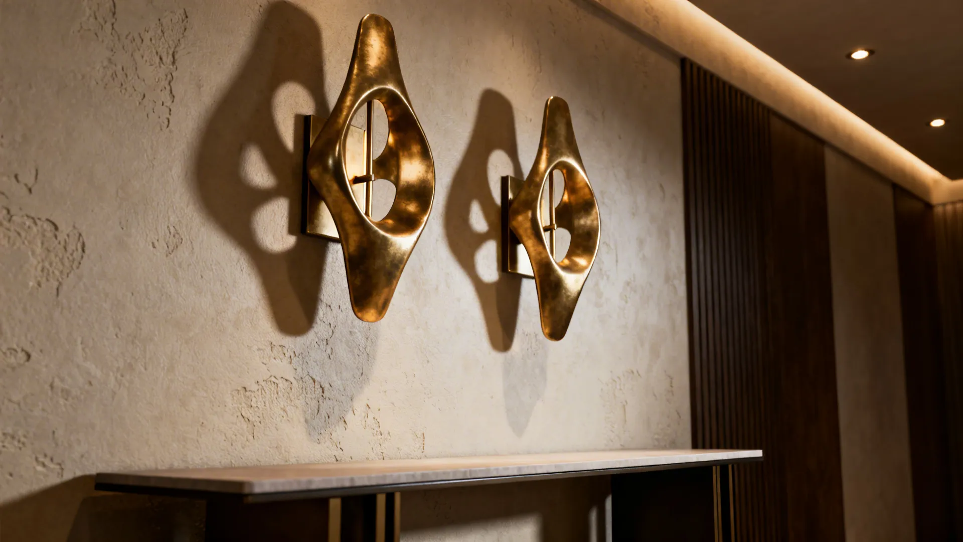 Asymmetrical brass sculptural sconces above a console casting decorative shadows.