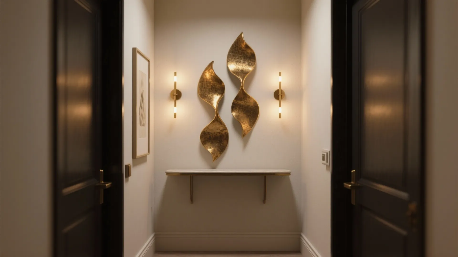 Modern hallway with gold wall lights gold leaf decorations and a white marble wall table
