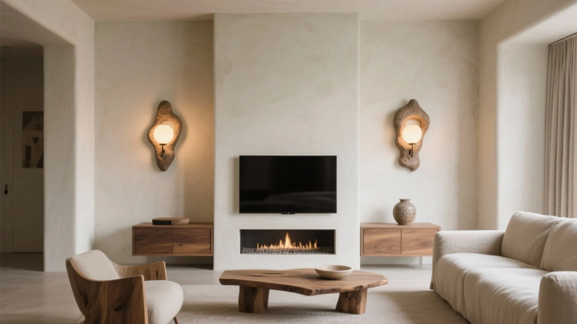 Minimal living room with sculptural ceramic wall sconces flanking a feature wall.