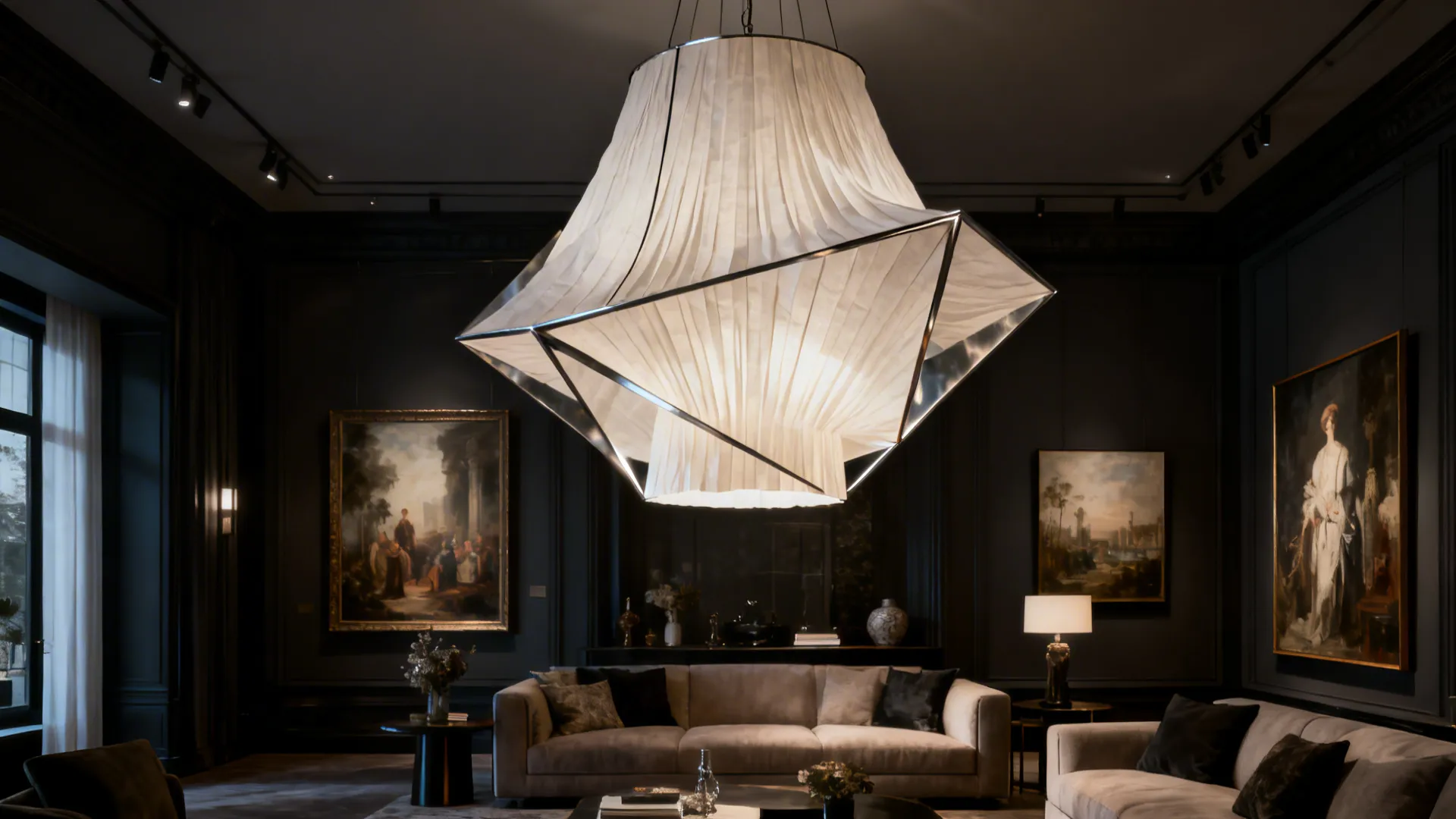 Large modern white ceiling light hanging over beige sofa in a dark luxury living room