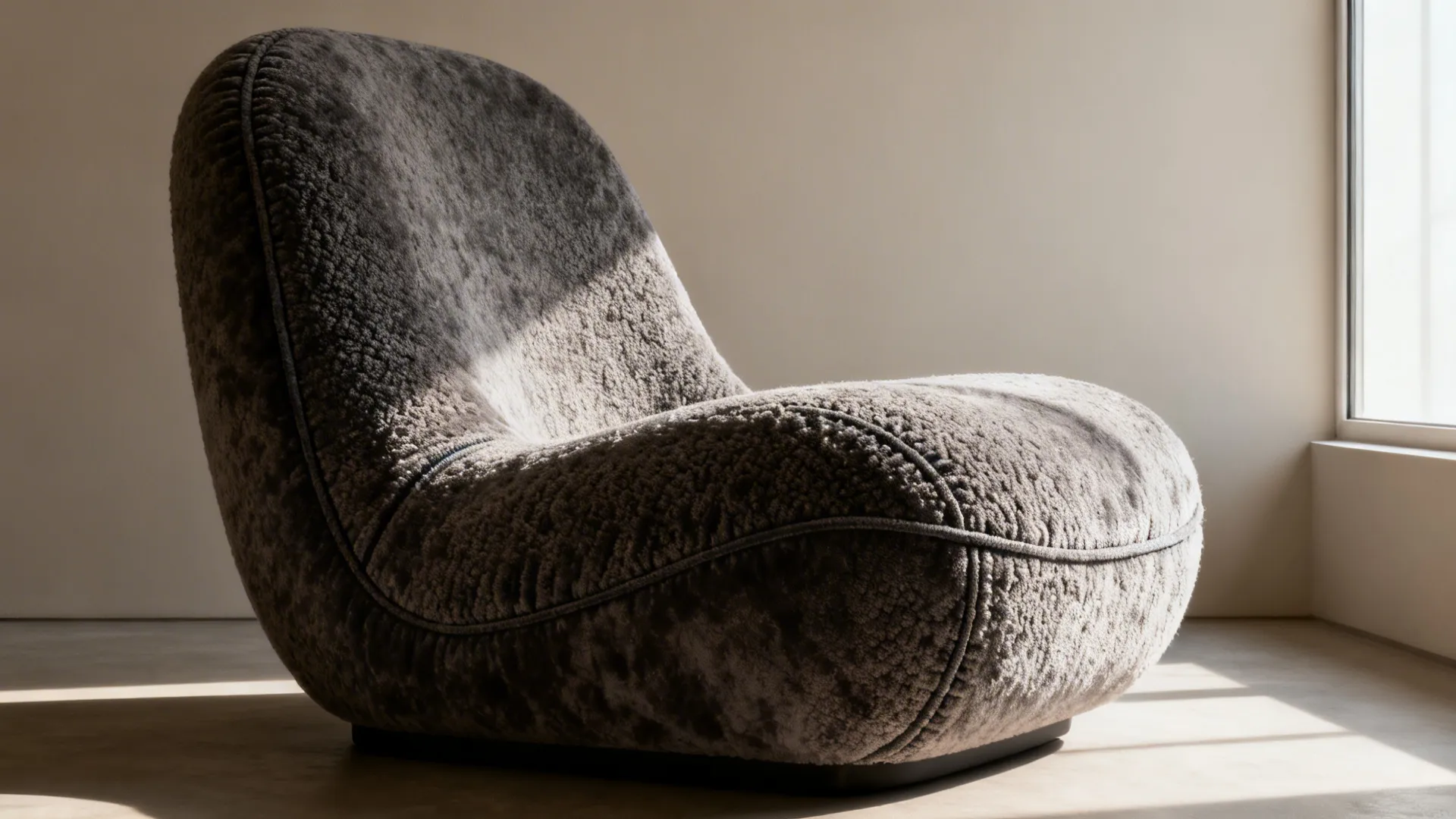 Sculptural curvy oversized chair in textured upholstery shown in three-quarter view with soft light.