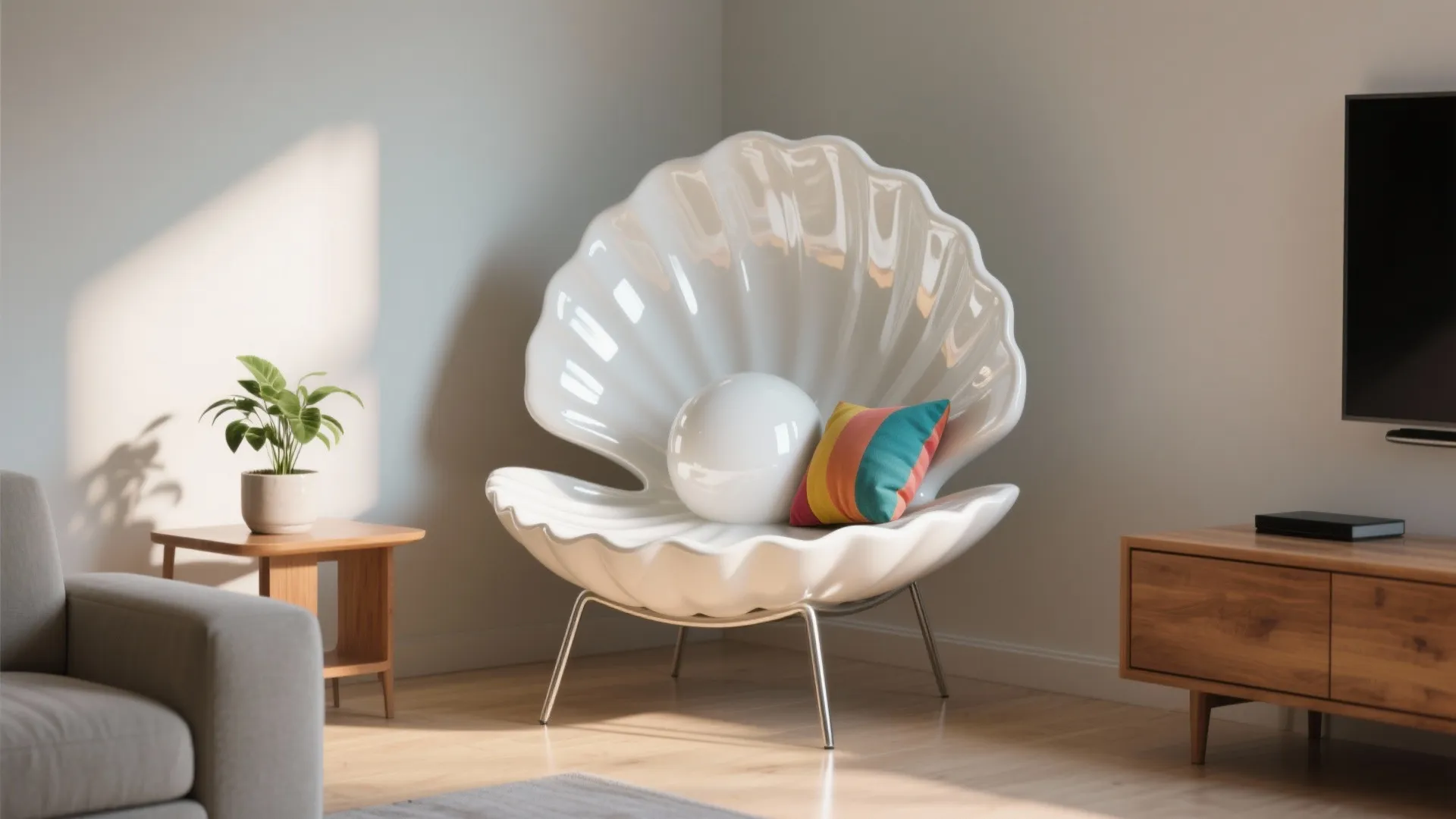 Glossy white sculptural shell chair with a colorful cushion and side table.