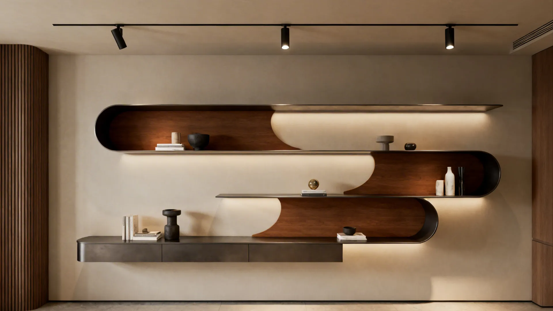 Statement floating shelves styled with curated objects on a living room accent wall under directional lighting.