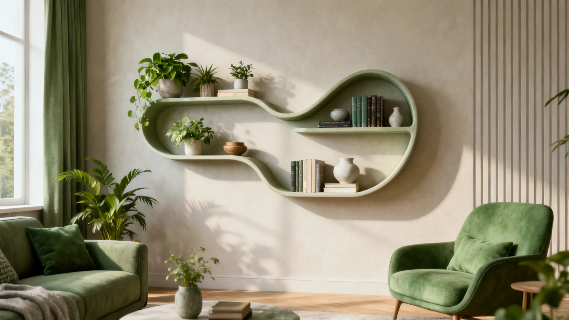 Curved sculptural wall shelves displaying plants and books in a small modern living room.