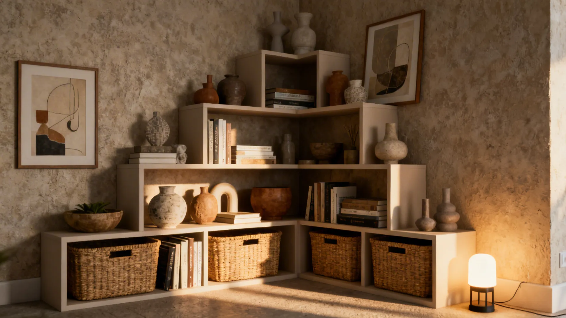 Staggered open shelving with curated decor and baskets in a living room corner