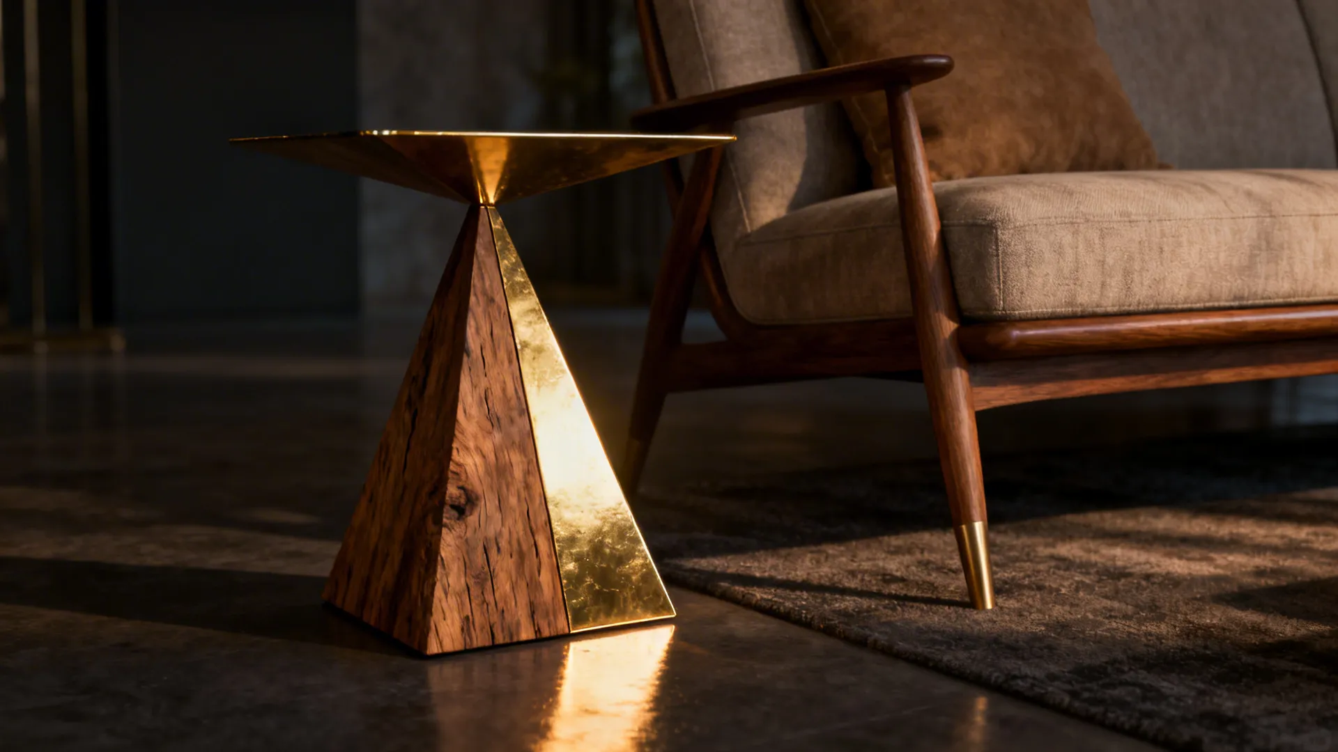 Sculptural triangular wood and brass side table beside a mid-century sofa